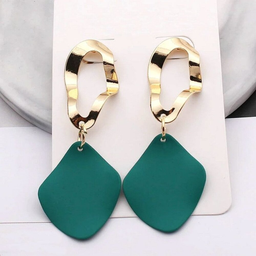 Charlee Tahlia Green Rhombus Petal Geo Drop Gold Oval Earrings Gift Packaged